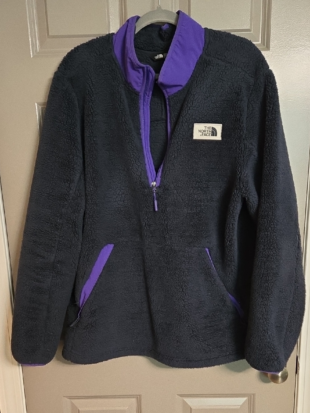 The North Face Navy Sherpa Pullover with Purple Trim